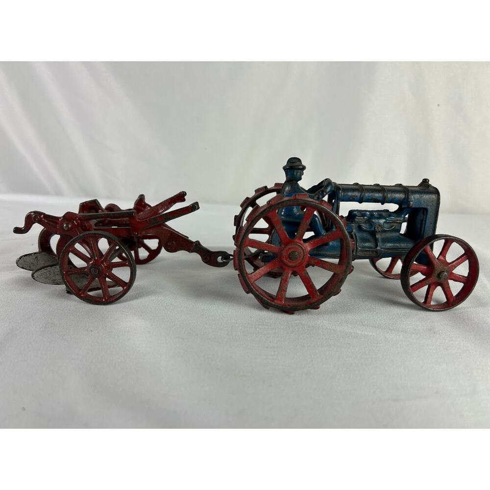 Vintage Arcade Cast Iron Farm Tractor and Plow Toy 1920s Era 11 in